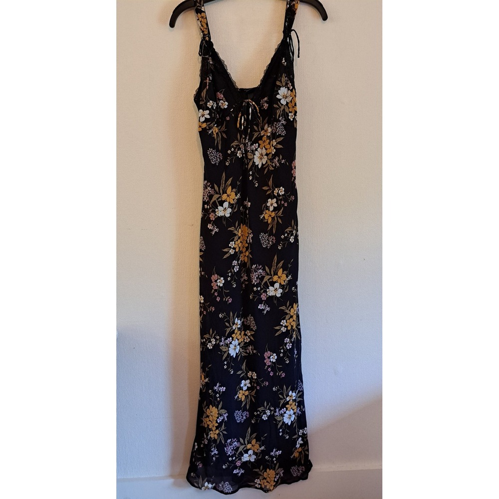Wild Fable Floral Maxi Dress Womens XS Black Lace Trim Tie Strap 1314-320 Boho